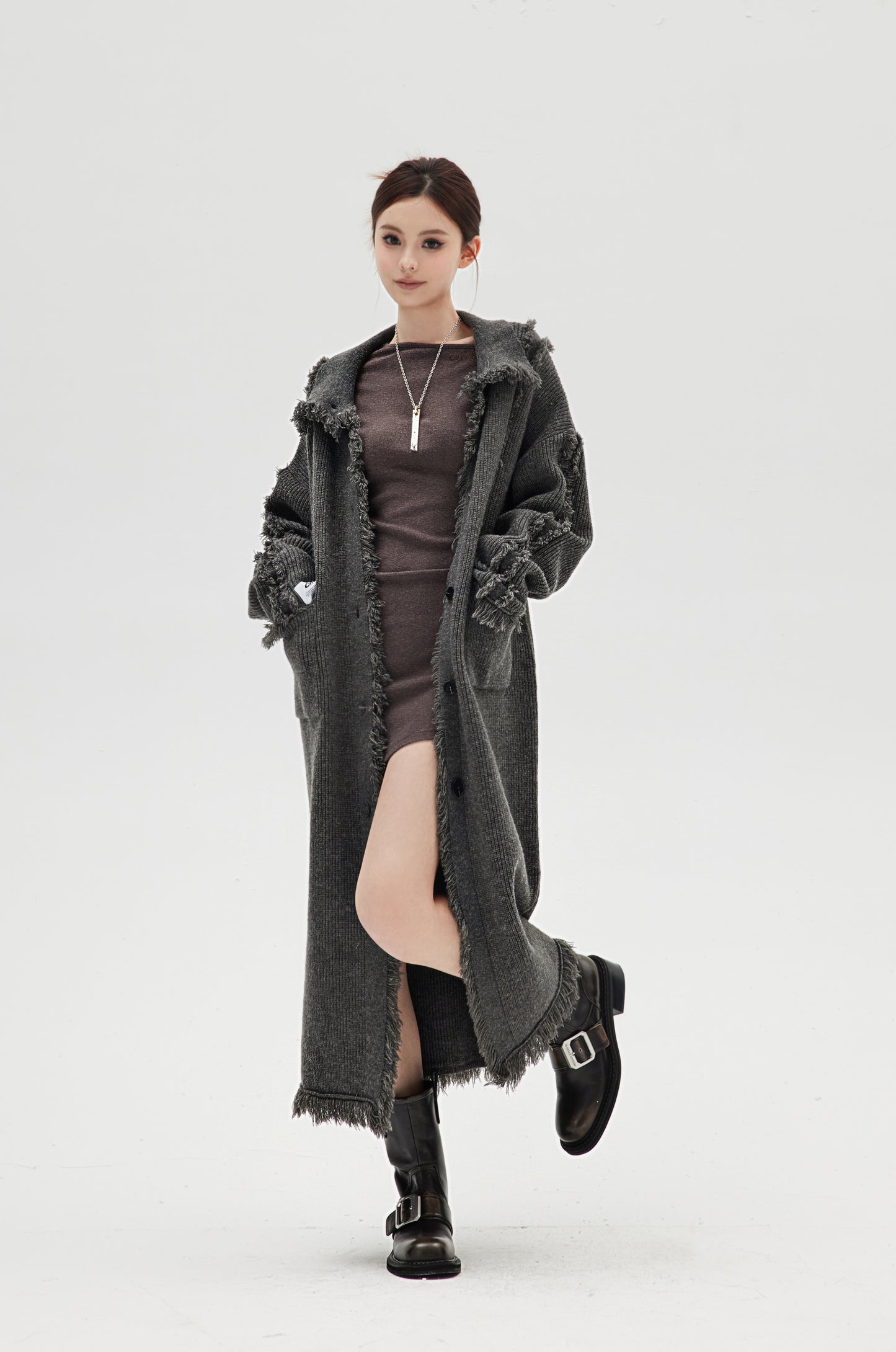 DESTROYED WOOL KNITTED LONG COAT