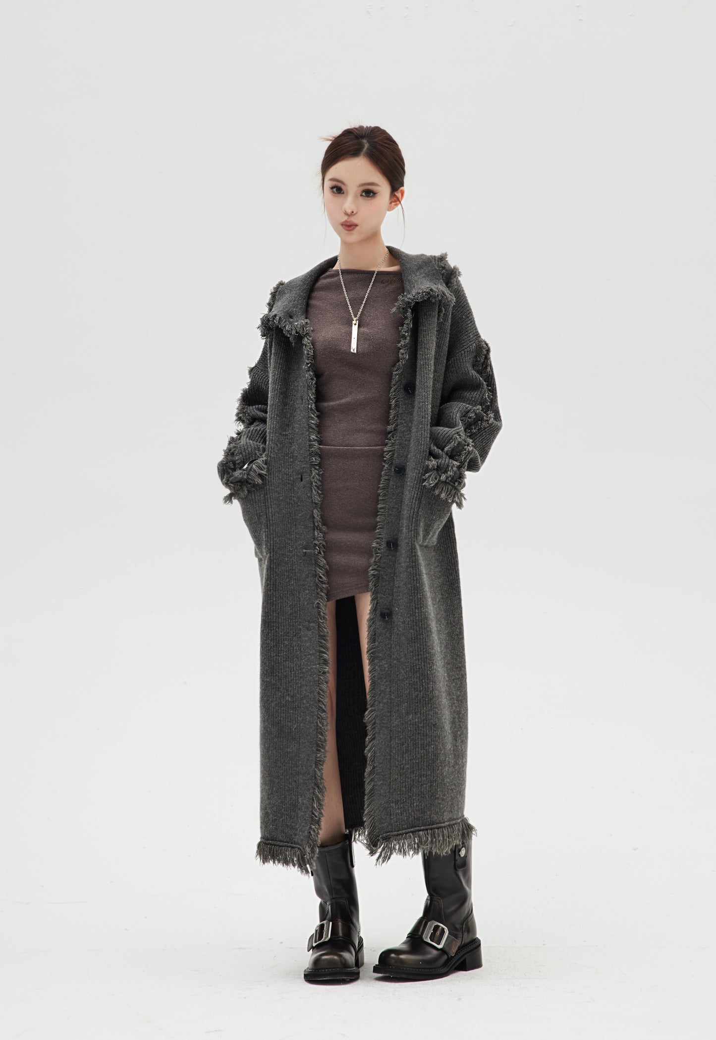 DESTROYED WOOL KNITTED LONG COAT