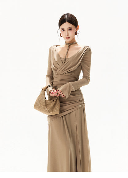 【日本在庫 】FRENCH HALTER KNIT TULLE MAXI DRESS