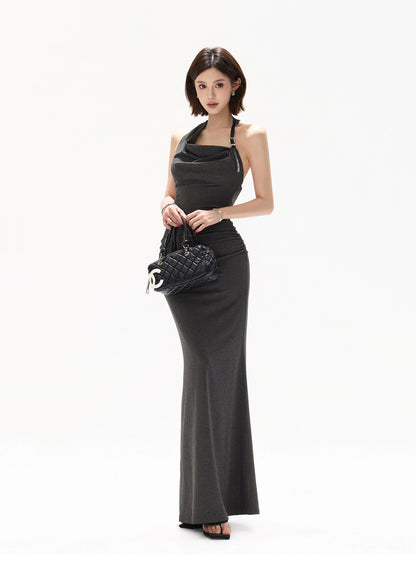 【日本在庫 】DARK GREY HALTER DRAPED KNIT DRESS