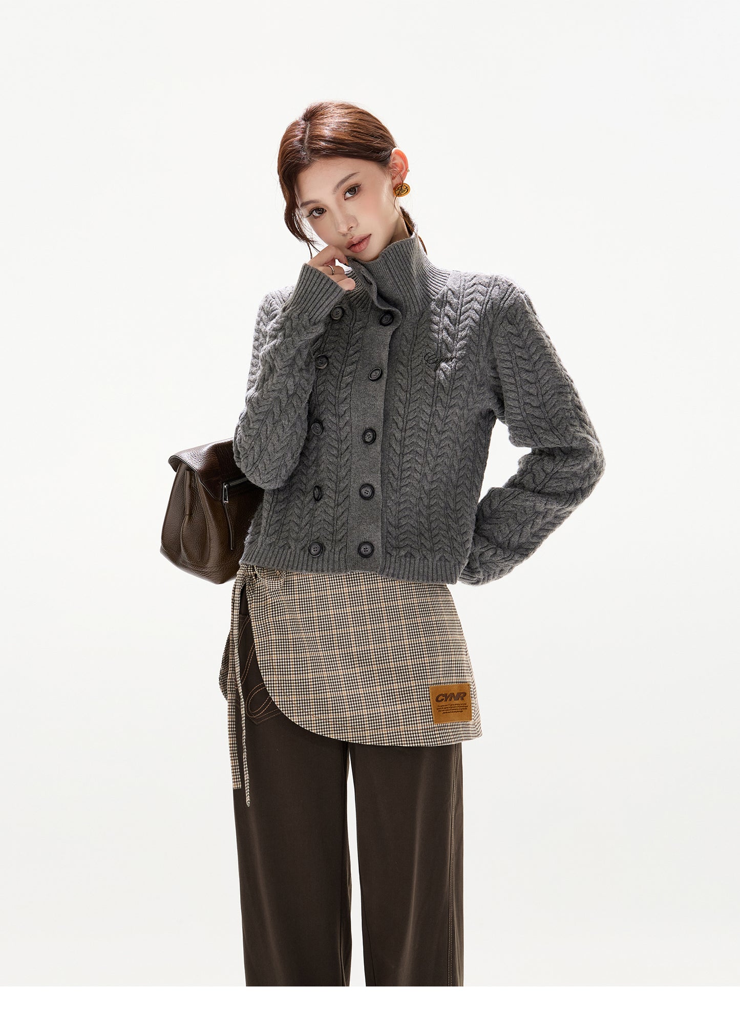 VINTAGE CABLE-KNIT HIGH-NECK WOOL CARDIGAN