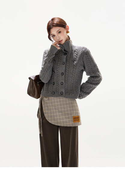 VINTAGE CABLE-KNIT HIGH-NECK WOOL CARDIGAN