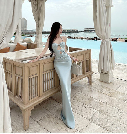 SATIN OFF-SHOULDER HALTER DRESS