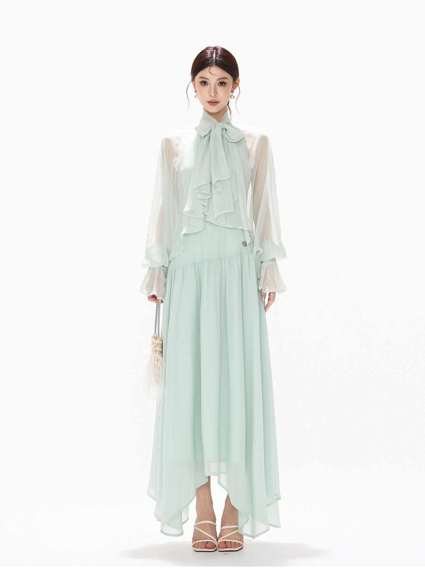 BOW HALTER ASYMMETRIC CHIFFON MAXI DRESS
