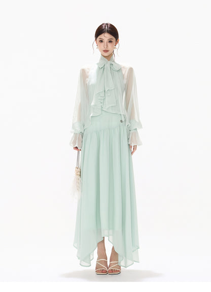 BOW HALTER ASYMMETRIC CHIFFON MAXI DRESS