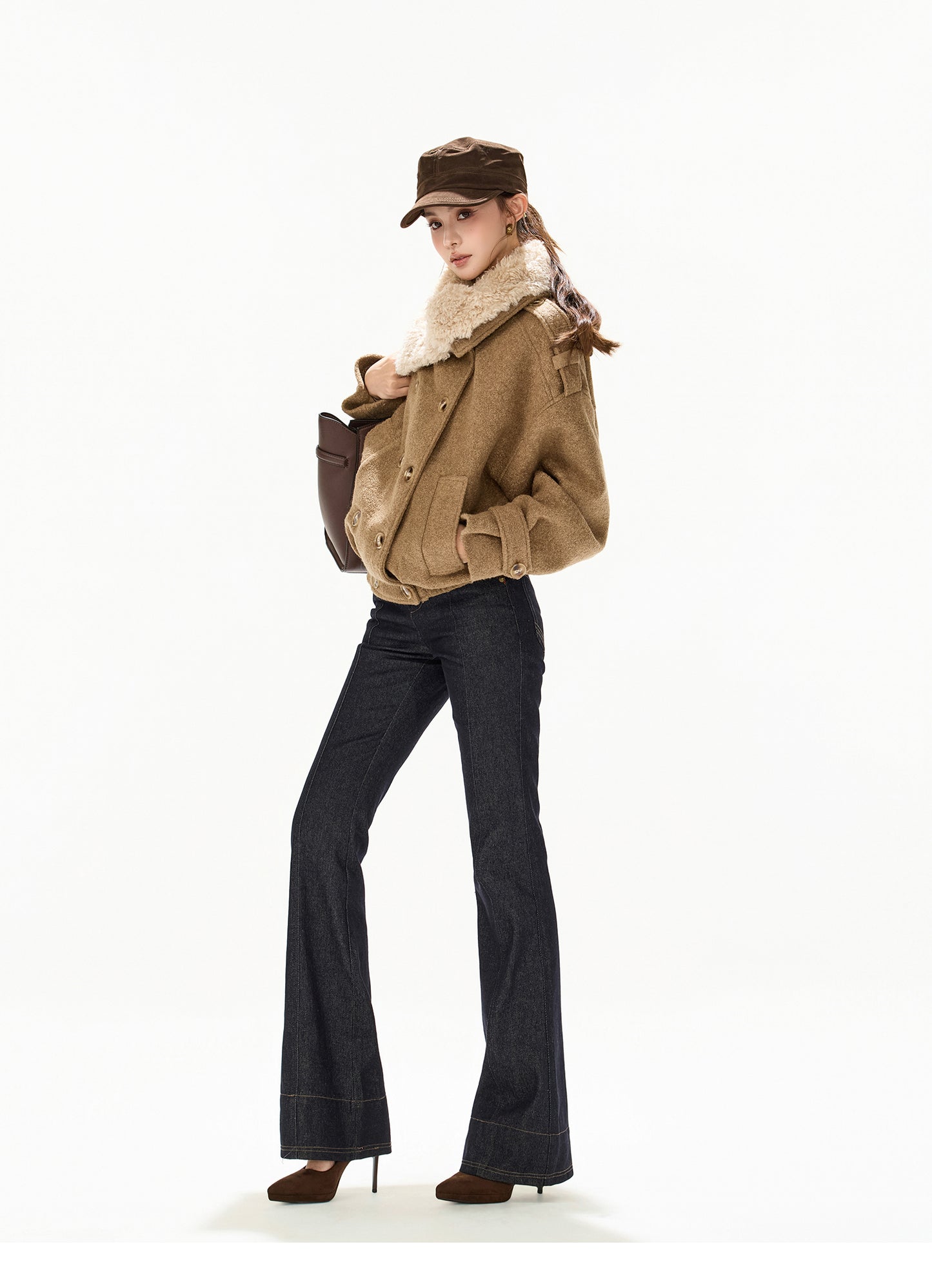 ASYMMETRIC FUR COLLAR WOOL COAT