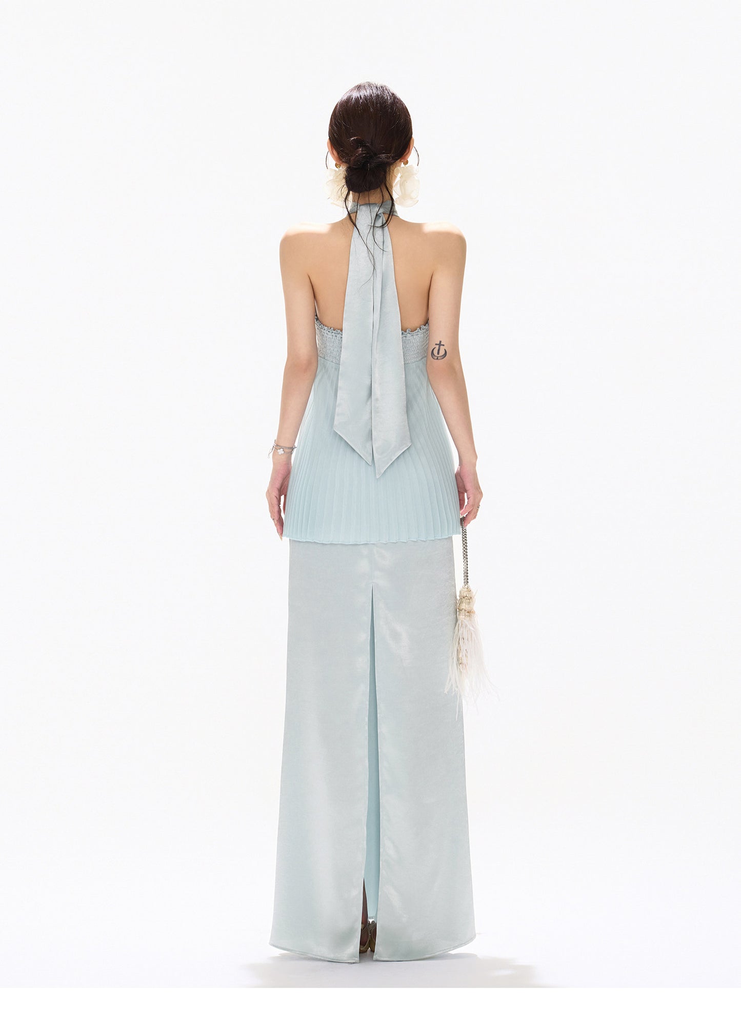 MIST BLUE PLEATED HALTER DRESS