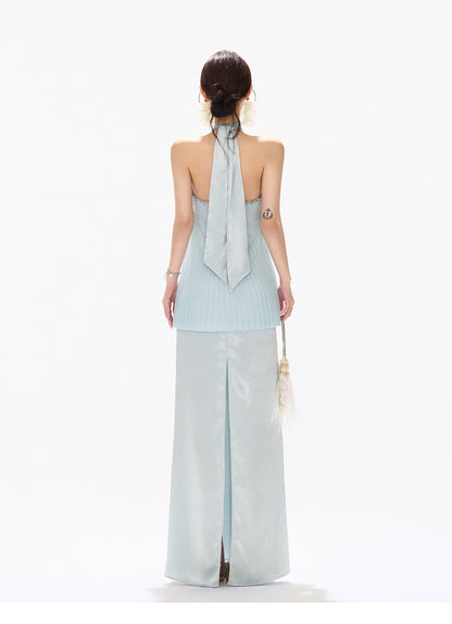 MIST BLUE PLEATED HALTER DRESS