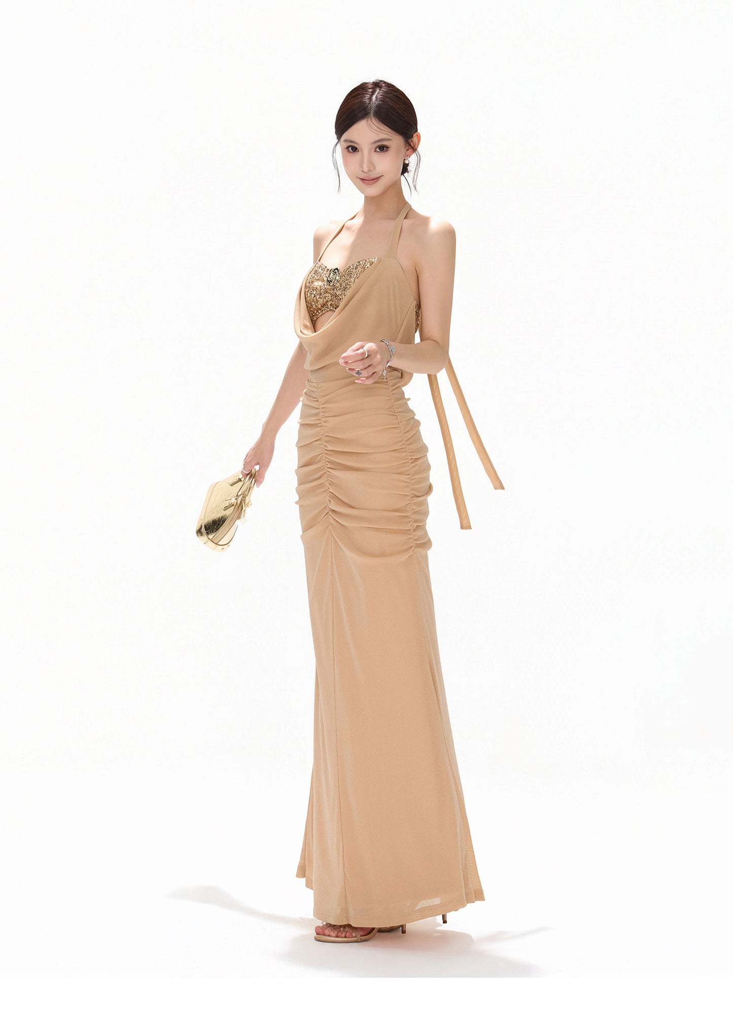 【日本在庫 】GOLD SEQUIN HALTER DRAPED CHIFFON DRESS