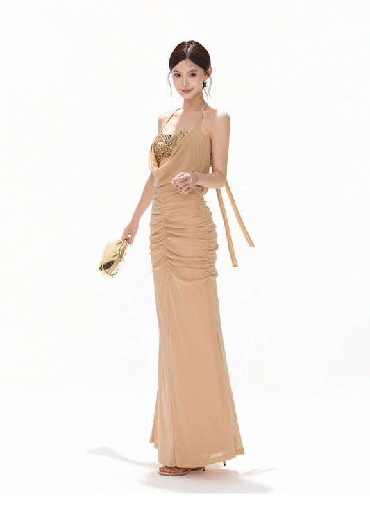GOLD SEQUIN HALTER DRAPED CHIFFON DRESS