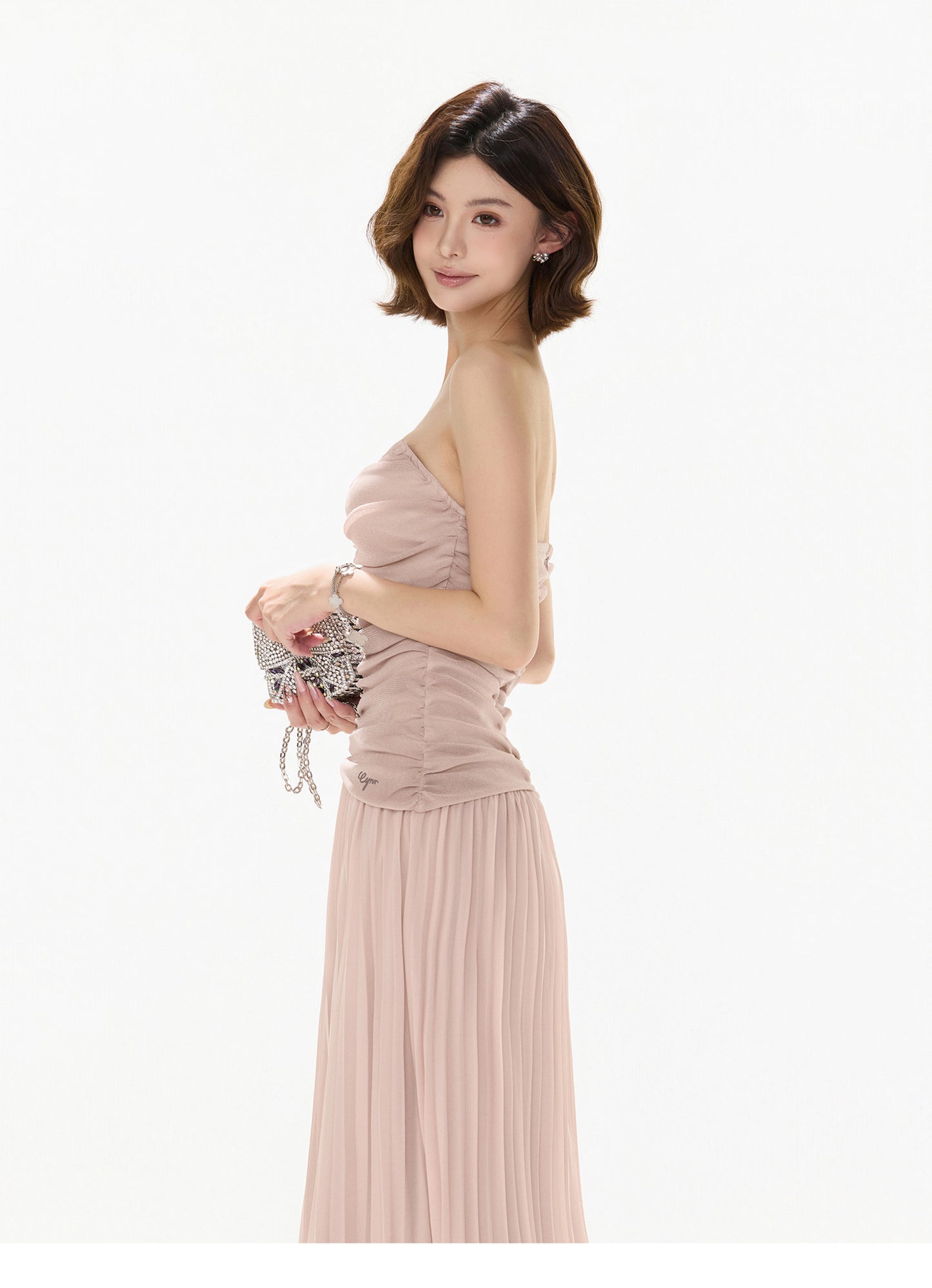【日本在庫 】RHINESTONE PLEATED TULLE STRAPLESS DRESS
