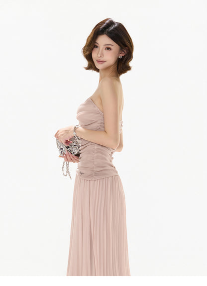 【日本在庫 】RHINESTONE PLEATED TULLE STRAPLESS DRESS
