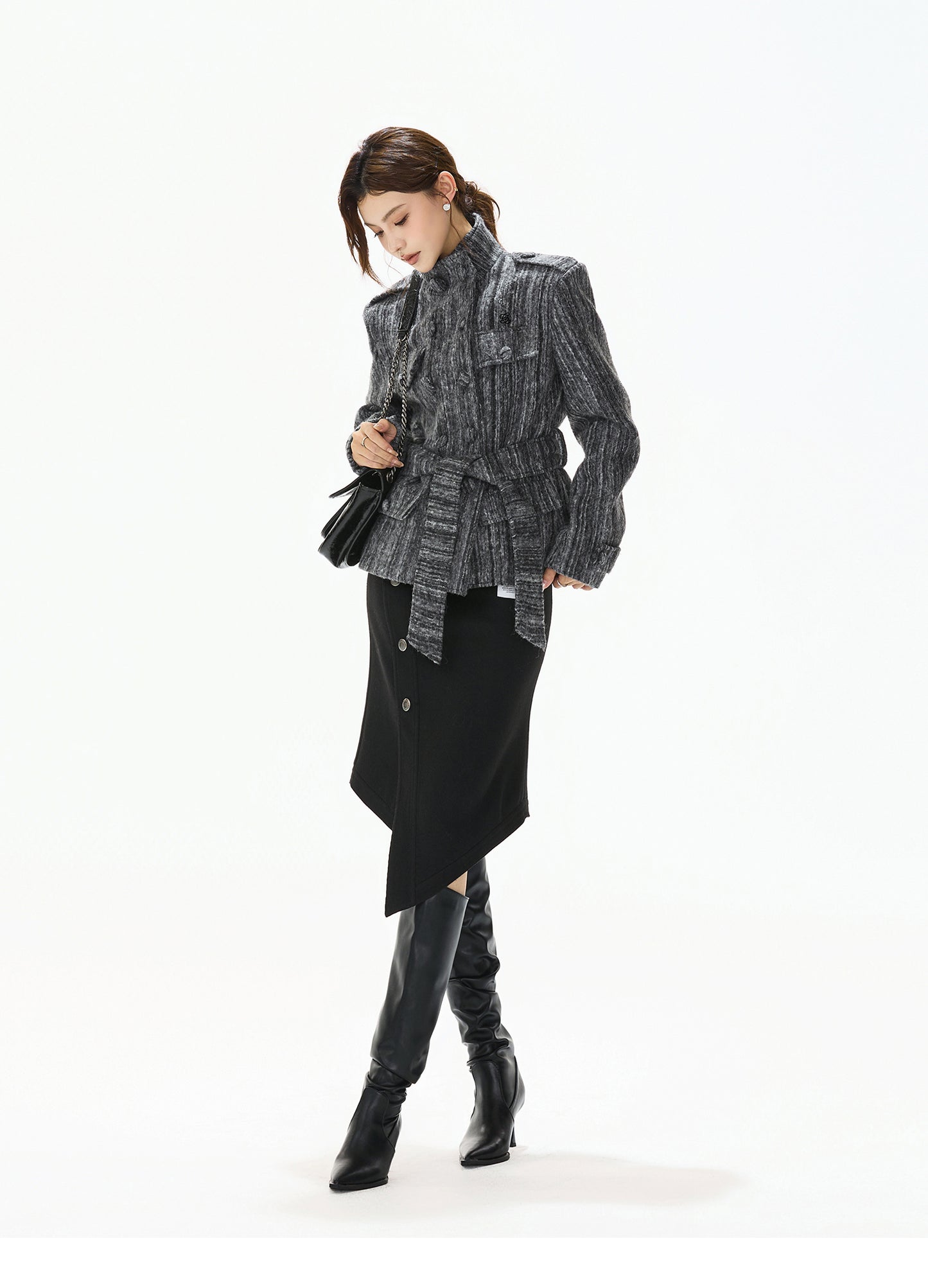 STRIPED TWEED WAISTED WOOL COAT