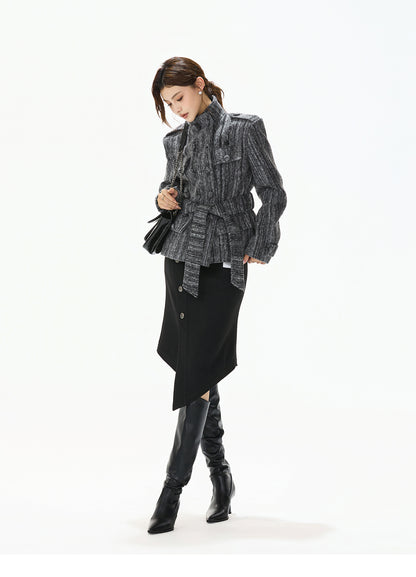 STRIPED TWEED WAISTED WOOL COAT