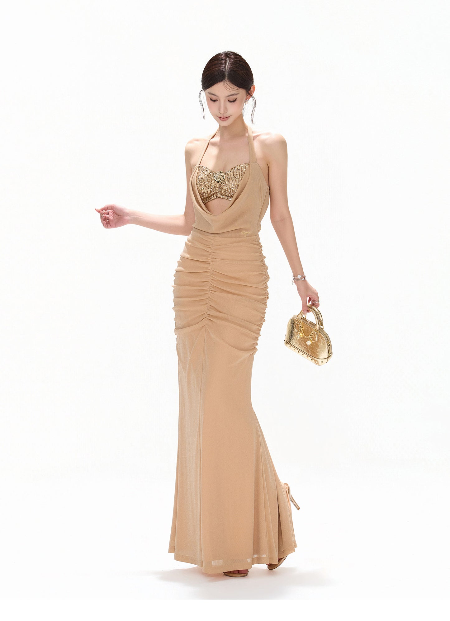 【日本在庫 】GOLD SEQUIN HALTER DRAPED CHIFFON DRESS