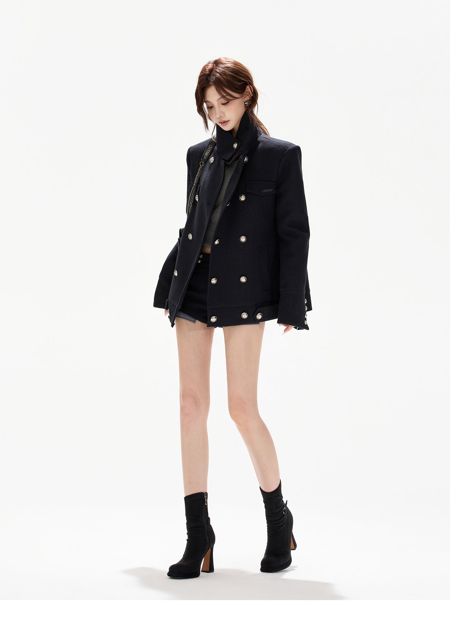 DOUBLE-BREASTED WOOL PADDED COAT WITH REMOVABLE FLEECE COLLAR