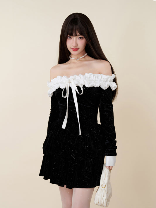 VELVET ONE-SHOULDER WAIST DRESS
