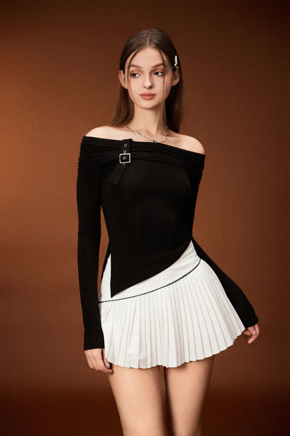 OFF SHOULDER L/S TEE & PLEATED MINI SKIRT