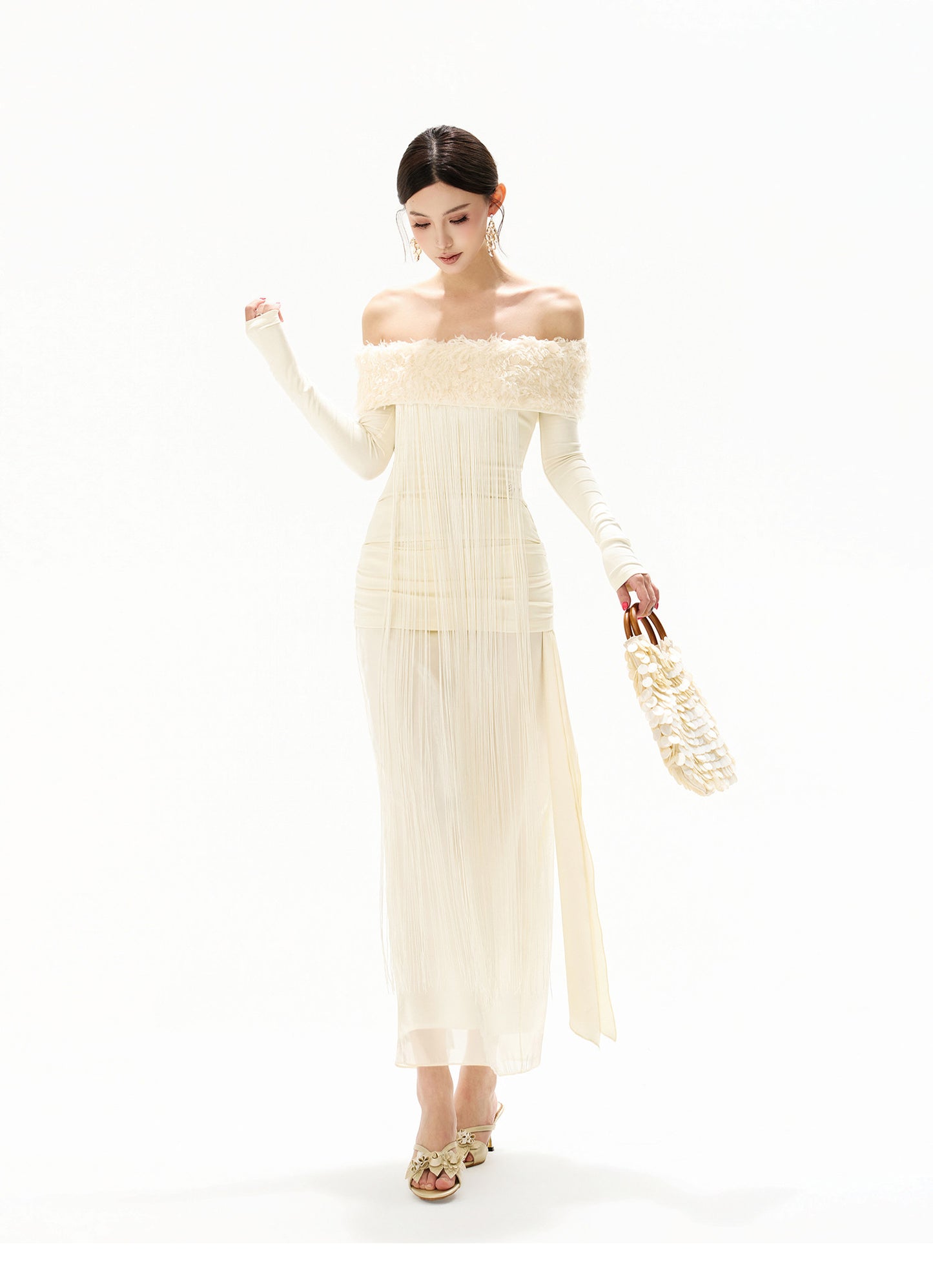 FEATHER SEQUIN OFF SHOULDER FRINGE DRESS