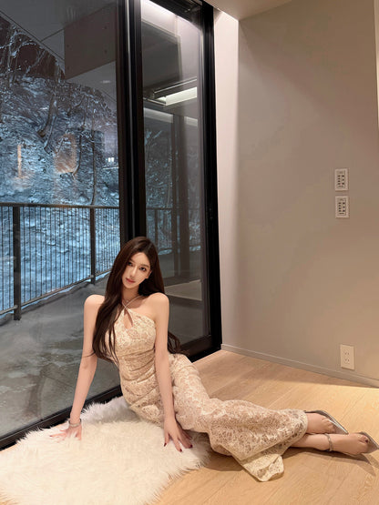 SEQUIN LACE HALTER MERMAID GOWN