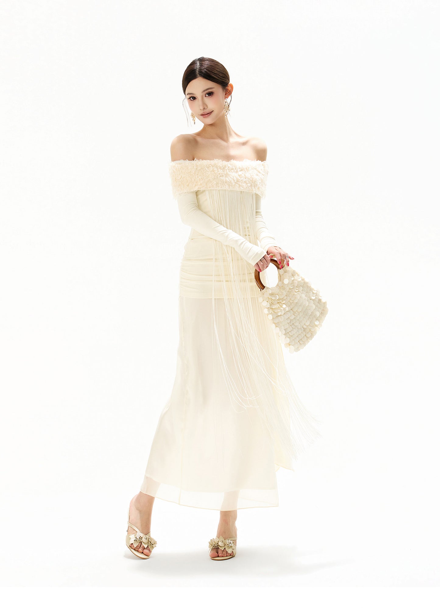 FEATHER SEQUIN OFF SHOULDER FRINGE DRESS