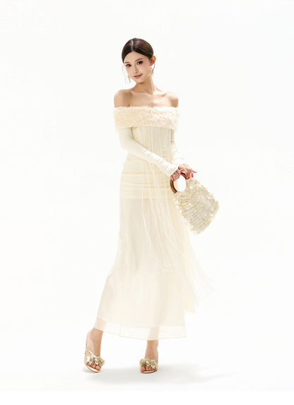 FEATHER SEQUIN OFF SHOULDER FRINGE DRESS