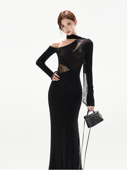 LACE PATCHWORK KNITTED SLIM ONE-PIECE