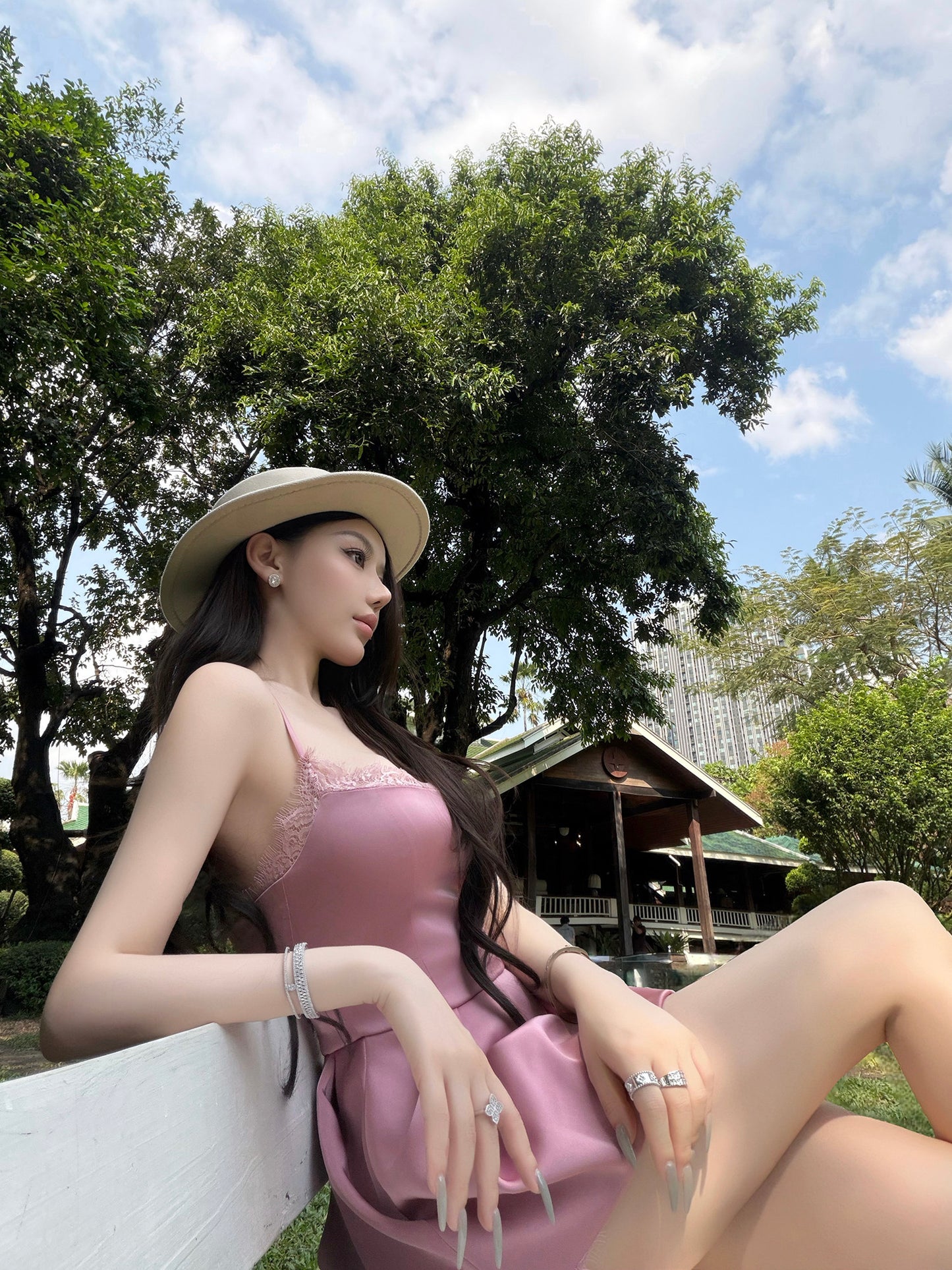 PINK SATIN LACE MINI DRESS