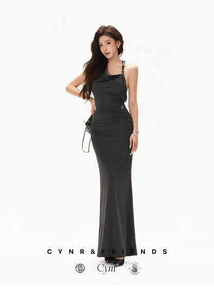 【日本在庫 】DARK GREY HALTER DRAPED KNIT DRESS