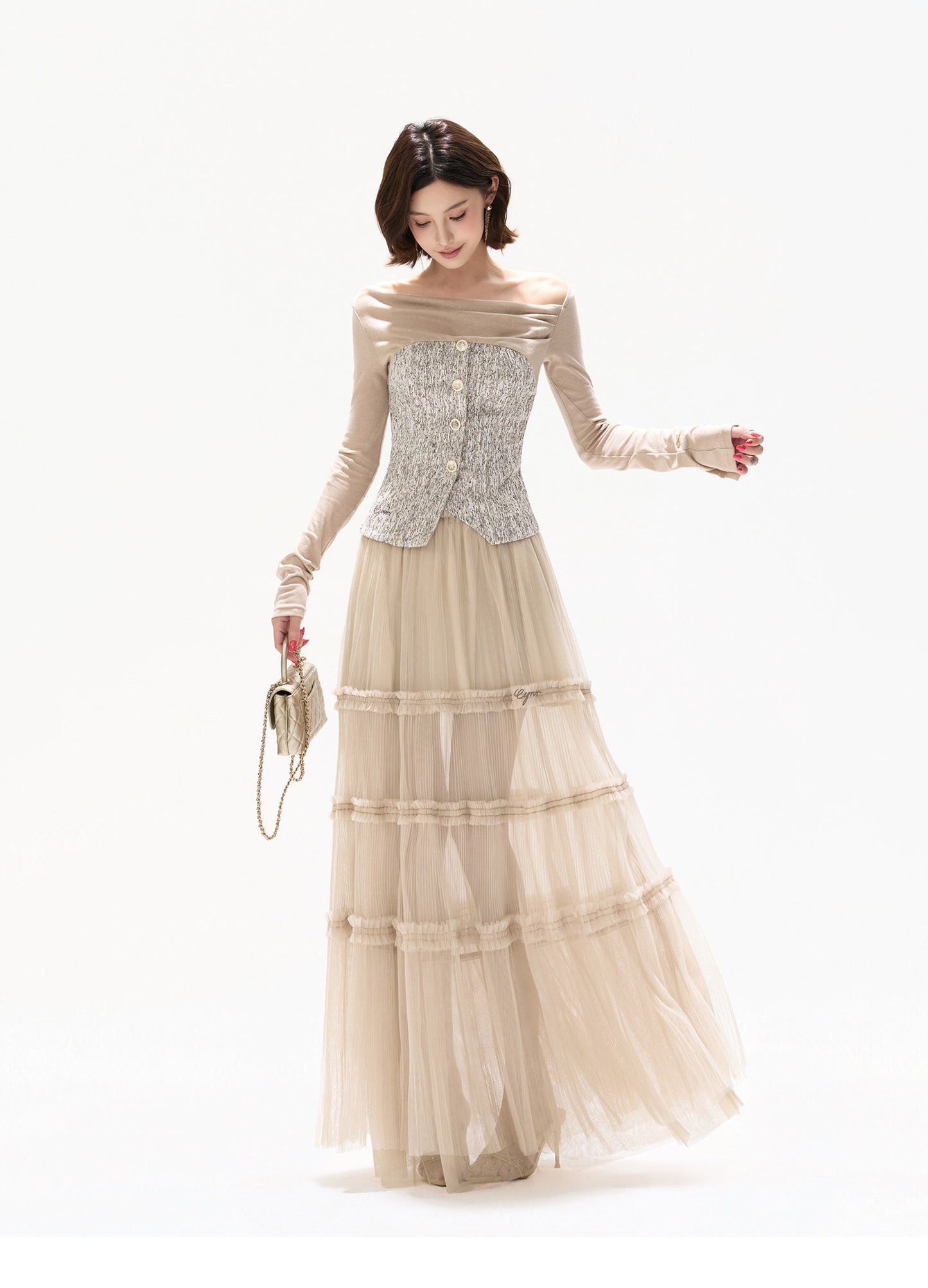 PLEATED TULLE LAYERED MAXI SKIRT