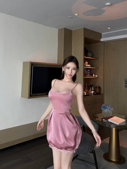 PINK SATIN LACE MINI DRESS