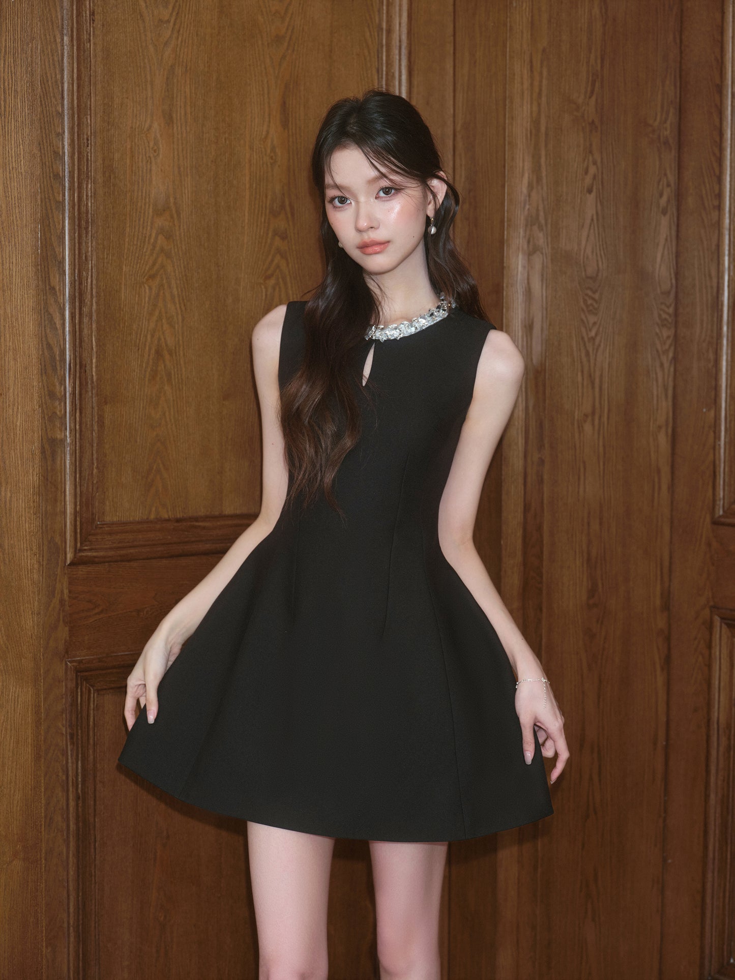 SEQUINED HOLLOW A-LINE FLOWER BUD DRESS