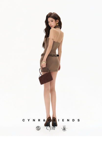 【日本在庫 】BROWN HALTER BODYCON DRESS