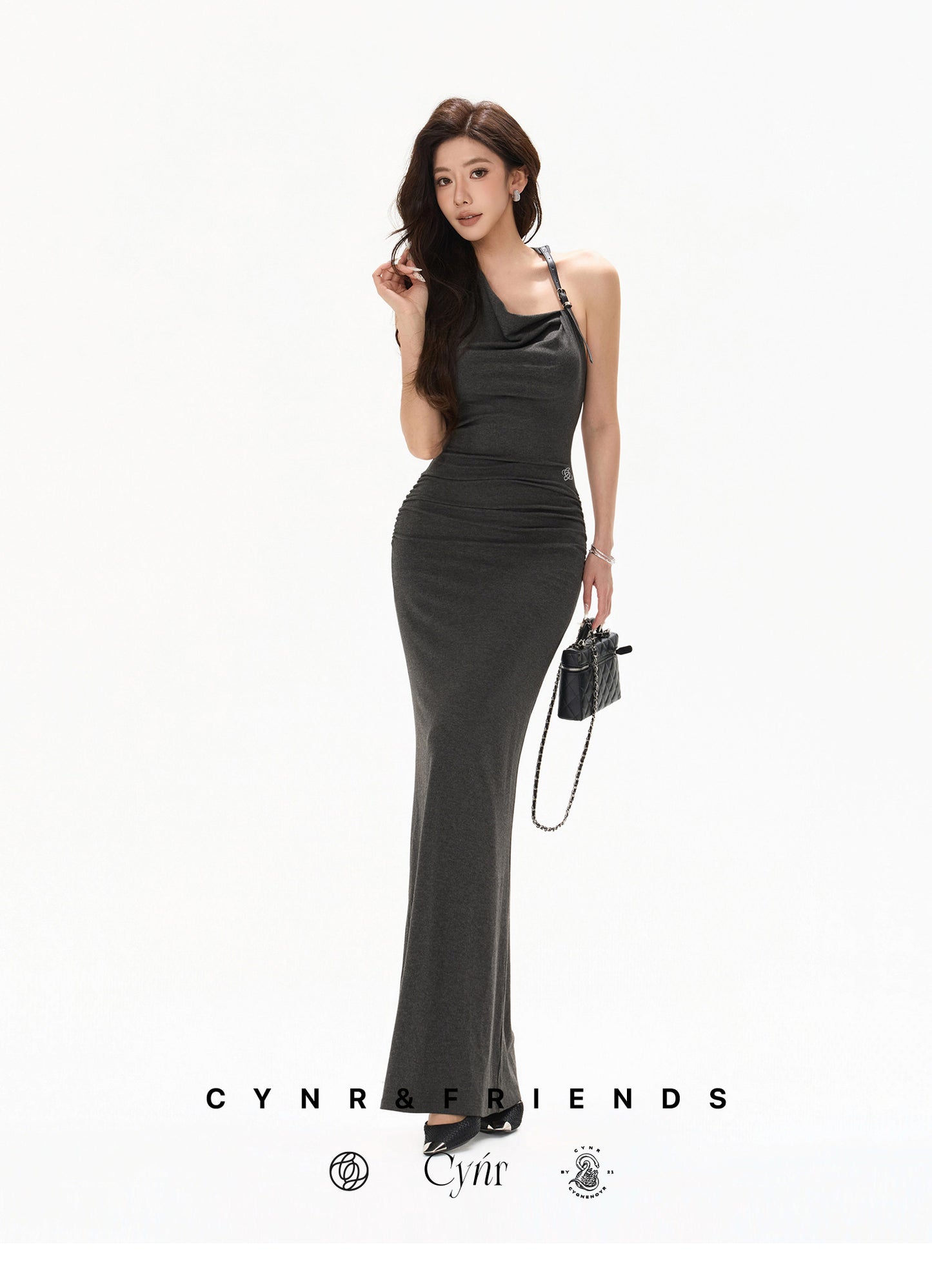 【日本在庫 】DARK GREY HALTER DRAPED KNIT DRESS