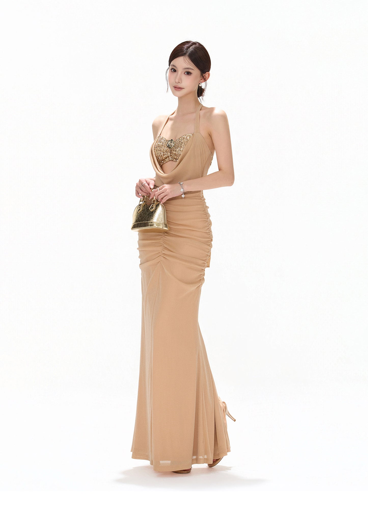 【日本在庫 】GOLD SEQUIN HALTER DRAPED CHIFFON DRESS