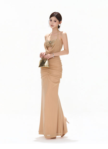 【日本在庫 】GOLD SEQUIN HALTER DRAPED CHIFFON DRESS