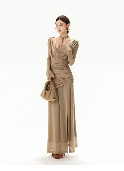 【日本在庫 】FRENCH HALTER KNIT TULLE MAXI DRESS