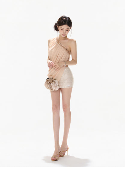 【日本在庫 】ASYMMETRIC DRAPE SEQUIN MINI SKIRT SET