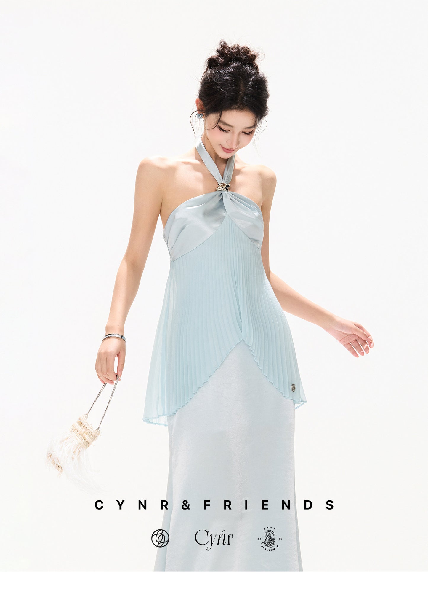 MIST BLUE PLEATED HALTER DRESS