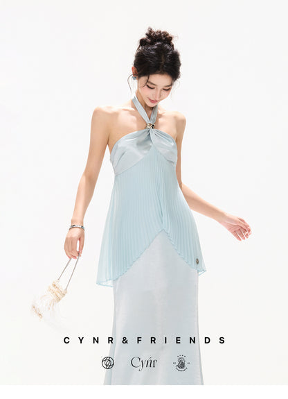 MIST BLUE PLEATED HALTER DRESS