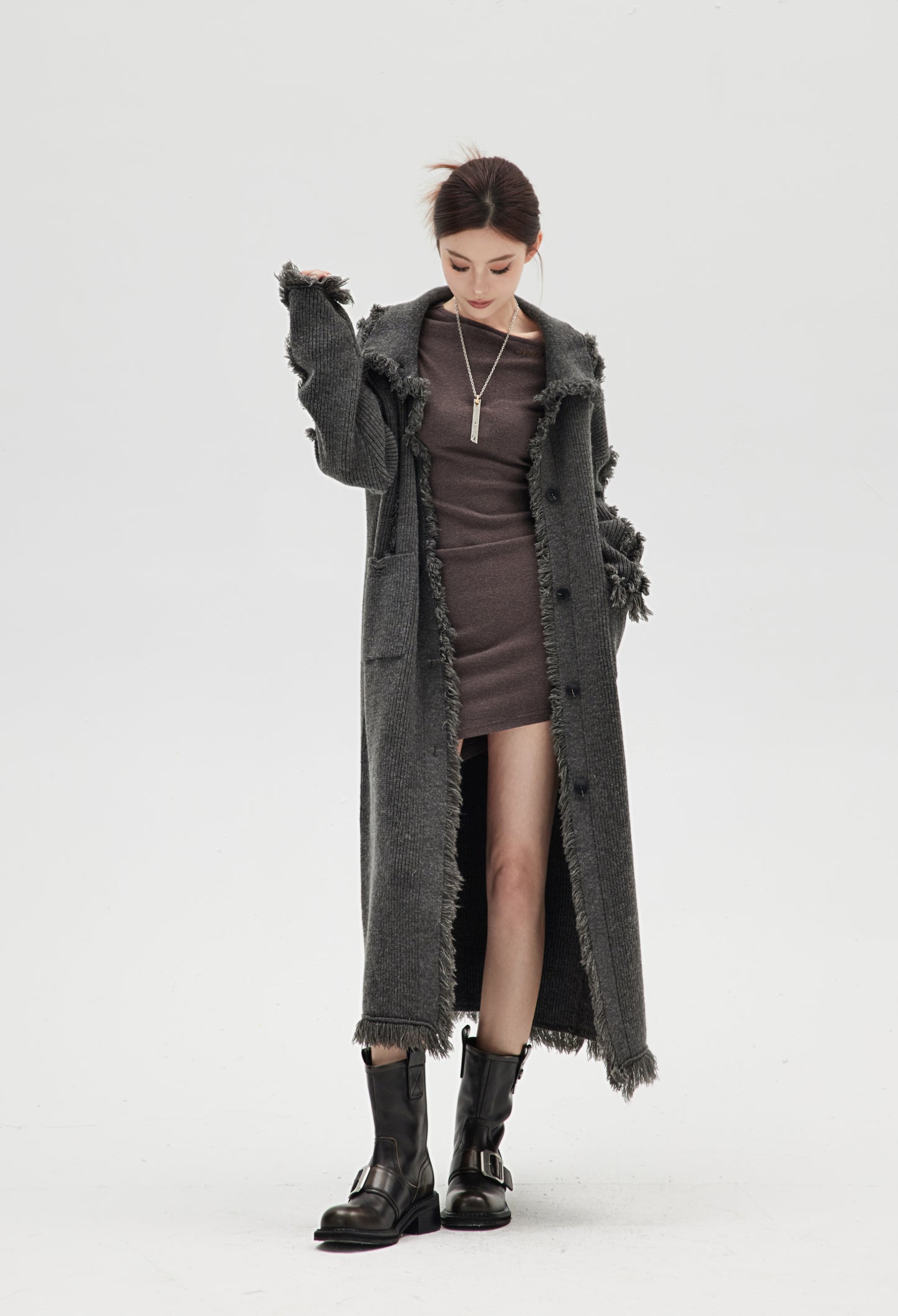 DESTROYED WOOL KNITTED LONG COAT