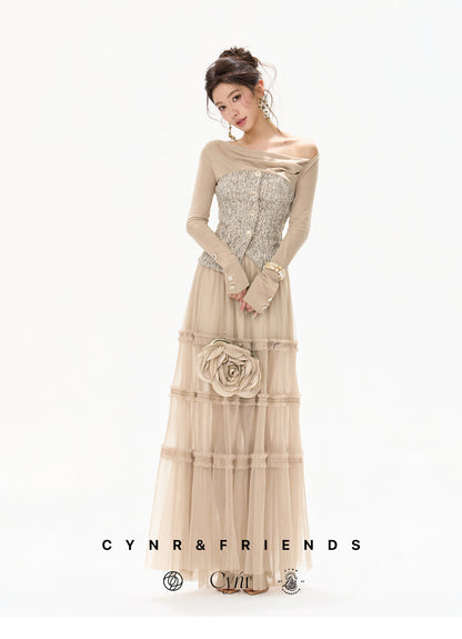 PLEATED TULLE LAYERED MAXI SKIRT