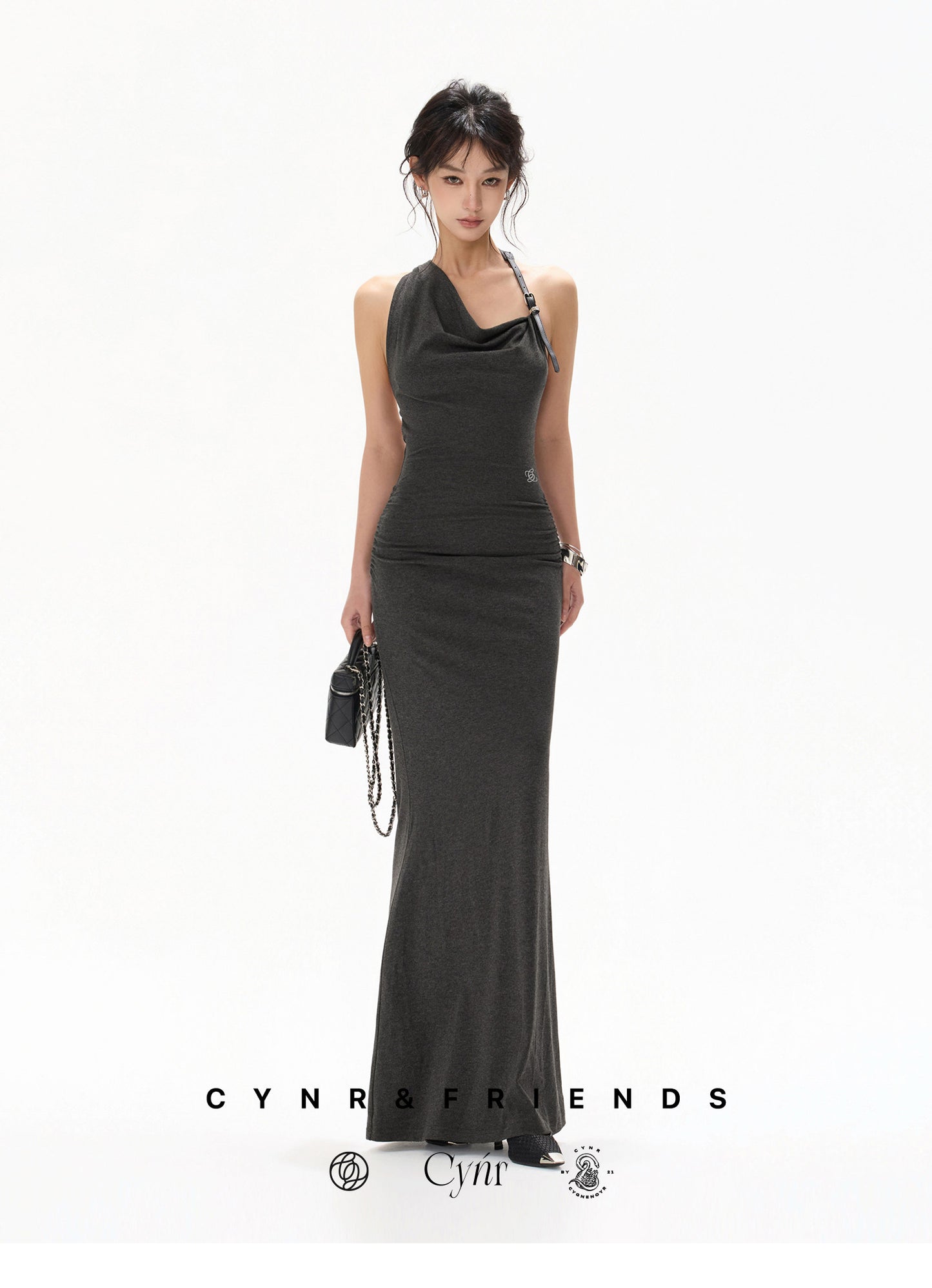 【日本在庫 】DARK GREY HALTER DRAPED KNIT DRESS