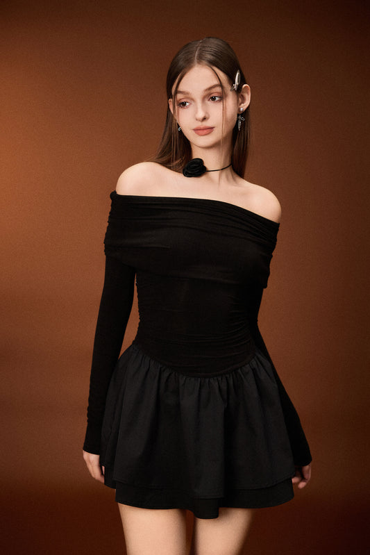 OFF SHOULDER KNITTED WAIST DRESS