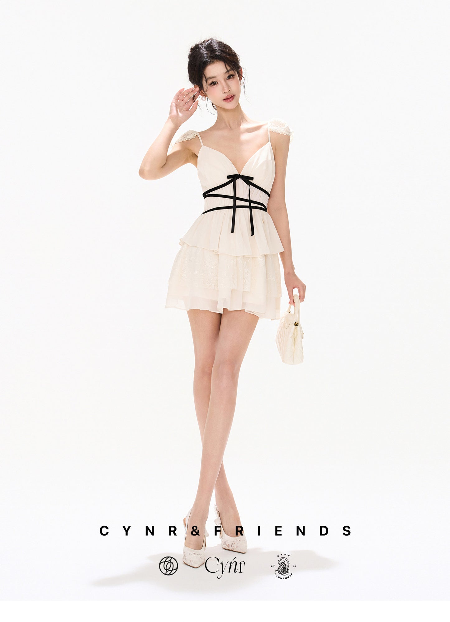 V-NECK BOW WAIST CHIFFON MINI DRESS