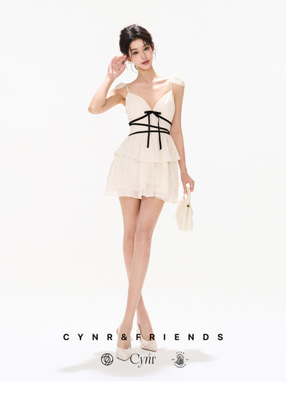 V-NECK BOW WAIST CHIFFON MINI DRESS