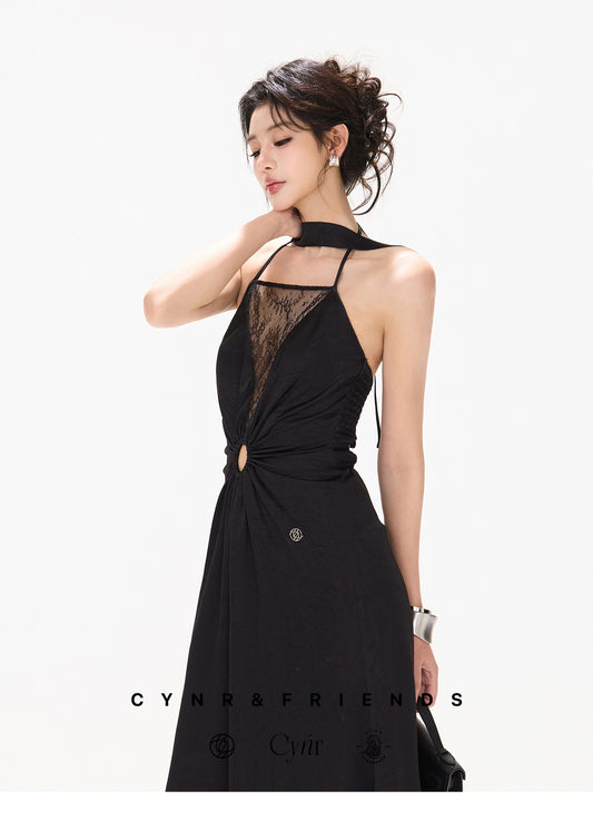 HALTER LACE SATIN DRESS