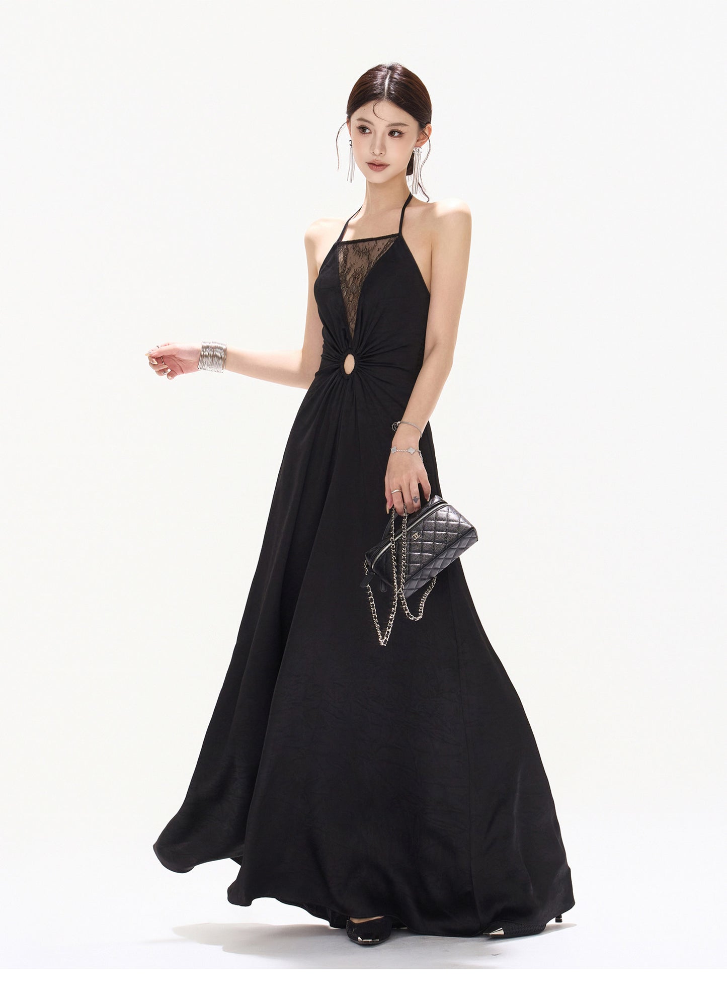 【日本在庫 】HALTER LACE SATIN DRESS