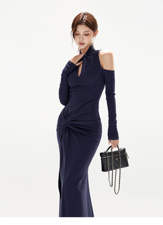 HALTER TWIST KNIT SLIT DRESS