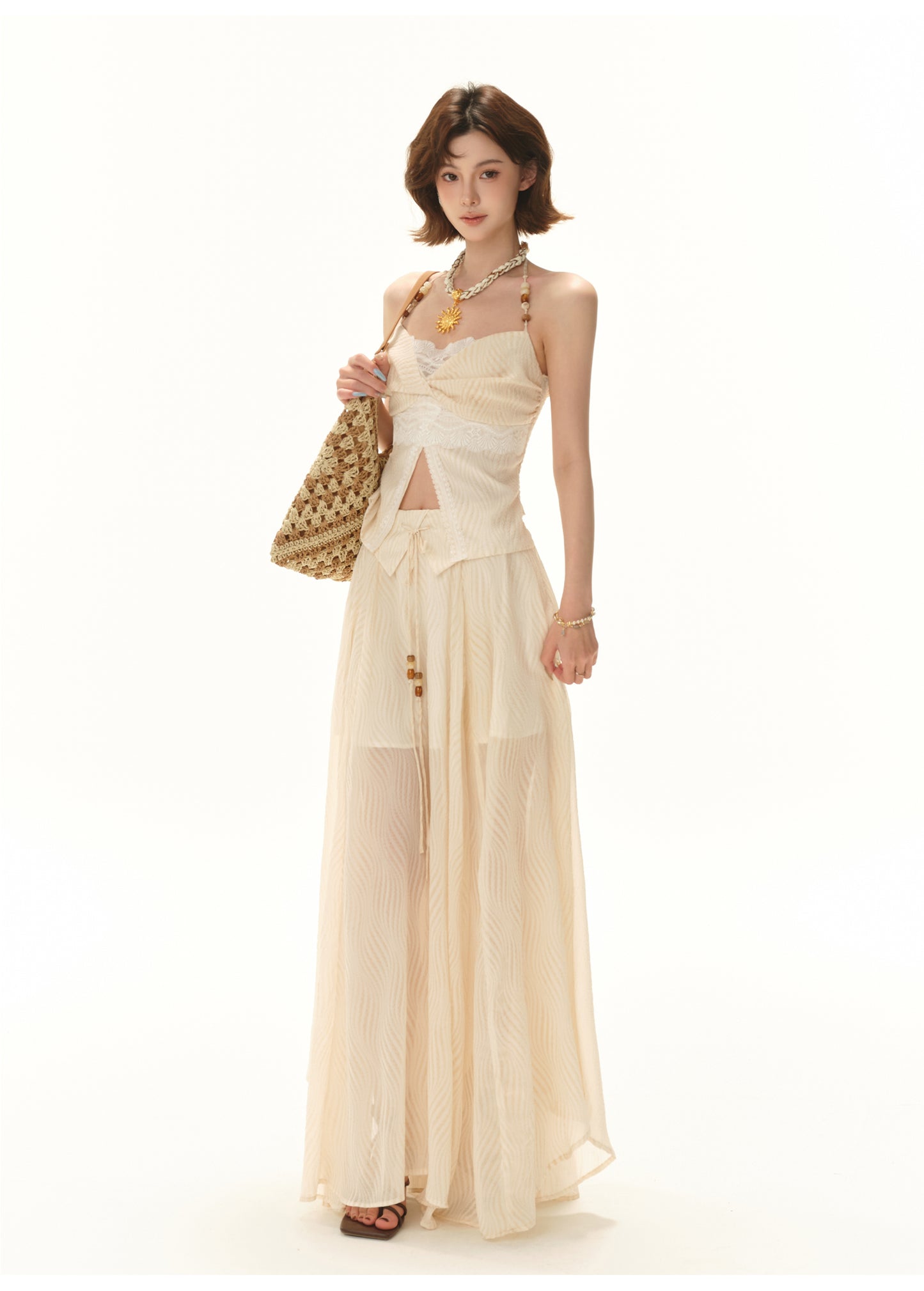 VACATION-STYLE BEADED HALTER TOP & FLOWY MAXI SKIRT SET